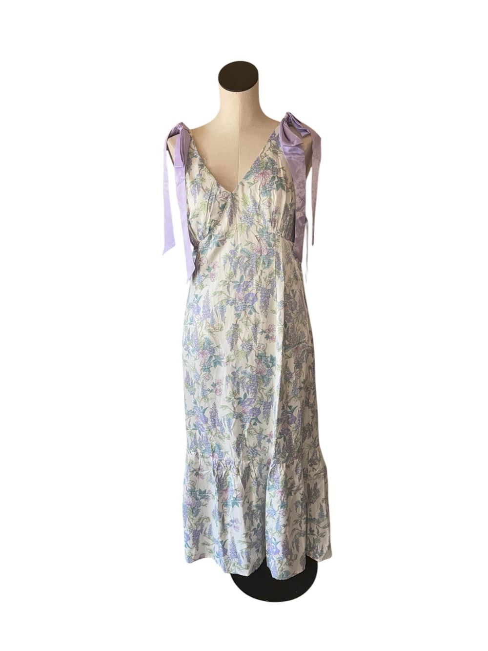 NWT Bridgerton Bow Strap Slip Maxi Dress Blue purple Floral Cottagecore Large - Picture 2 of 6